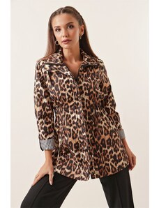 By Saygı Leopard Pattern Sleeve Fold Pocket Trench Coat Wide Size Range Brown