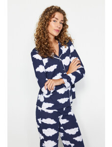 Trendyol Navy Blue 100% Cotton Shirt-Pants Knitted Pajamas Set