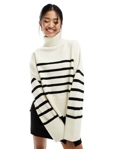 Bershka roll neck jumper in ecru & black stripe-Neutral