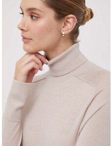 Calvin Klein gyapjú pulóver könnyű, női, bézs, garbónyakú