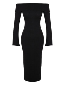 Trendyol Black Fit Carmen gallér bordázott puha texturált midi sztreccs kötött ruha