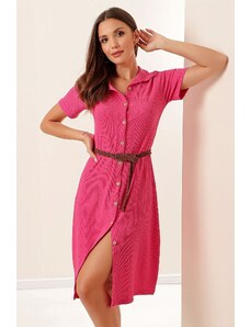 By Saygı Short Sleeve See-through Dress With Buttons In The Front With A Belt, Fuchsia