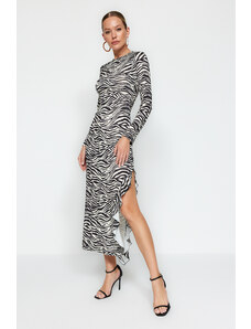 Trendyol Black Zebra mintás hasított szoknya Flounce Maxi sztreccs kötött ruha