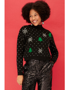 Trendyol Black Christmas témájú Crewneck kötöttáru pulóver