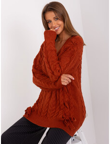 Fashionhunters Dark orange long sweater with cables