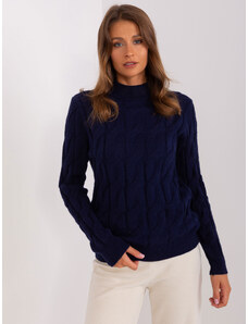 Fashionhunters Navy blue sweater with cables and turtleneck