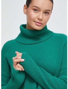 United Colors of Benetton gyapjú pulóver könnyű, női, zöld, garbónyakú