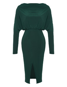 Trendyol Emerald Green gáztalanító nyak hasított A-vonal/A-vonal forma midi sztreccs kötött ruha