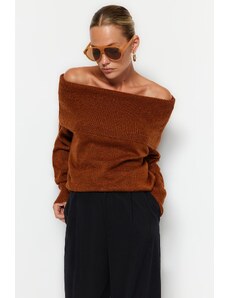 Trendyol Brown puha textúrájú Carmen galléros kötöttáru pulóver