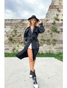 Trend Alaçatı Stili női fekete dupla zsebes önálló övvel bélelt árokkabát