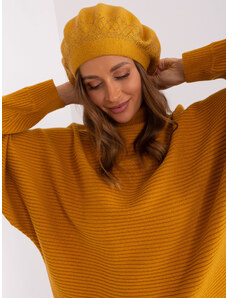 Fashionhunters Mustard women's beret with appliqués