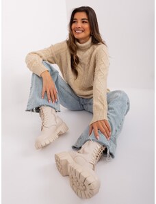Fashionhunters Beige sweater with cables and turtleneck