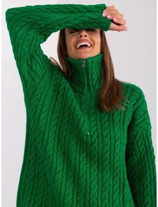 Fashionhunters Green long sweater with cables and zipper