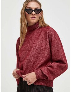 HUGO gyapjú pulóver könnyű, női, bordó, garbónyakú