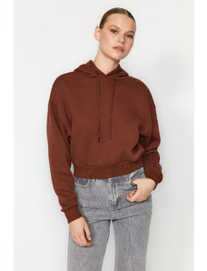 Trendyol Brown Thick Fleece Hooded Comfort Fit Crop Basic Knitted Sweatshirt