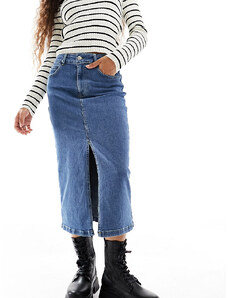 In The Style Petite exclusive denim midi skirt with front split in mid blue wash