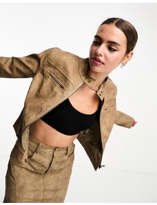 Bailey Rose fitted moto jacket in mocha faux leather co-ord-Brown
