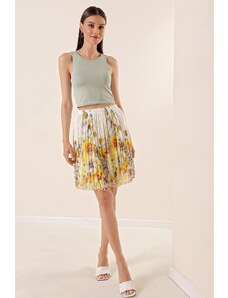 By Saygı Elastic Waist Lined Large Flower Patterned Short Chiffon Skirt Yellow