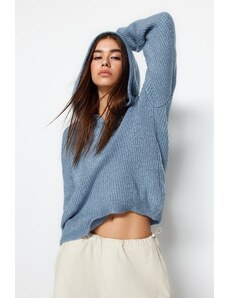 Trendyol Blue puha textúrájú kapucnis kötöttáru pulóver