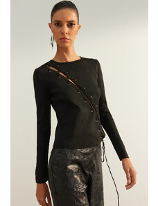 Trendyol Limited Edition Black Lace Detail ablak/kivágott kötöttáru pulóver