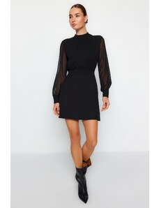 Trendyol Black A-Line High Neck Mini bélelt sifon szőtt ruha