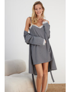 Trendyol Gray Belted 2-Pack Cotton Lace Detailed Knitted Dressing Gowns-Nightgown