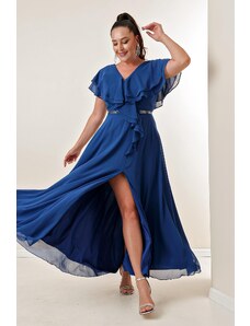 By Saygı V-Neck Flounce Lined Plus Size Long Chiffon Dress with Stones at Waist and Front Slit