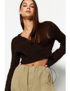 Trendyol Brown Crop puha textúrájú dupla mellű kötöttáru pulóver