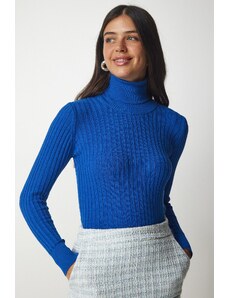 Happiness İstanbul női kék garbó bordázott alap pulóver
