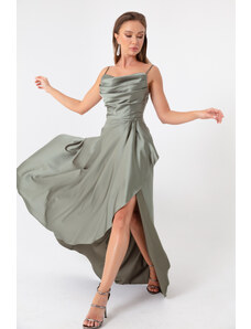 Lafaba Women's Khaki Evening Dress &; Prom Dress with Ruffles and a Slit in Satin