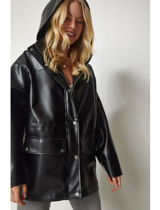 Happiness İstanbul női fekete kapucnis zseb műbőr kabát
