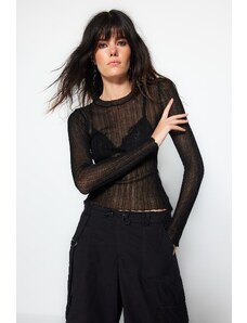 Trendyol Black Sheer Look garbós kötöttáru pulóver