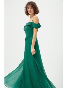 Lafaba Women's Emerald Green Thin Strap Boat Neck Silvery Long Evening Dress