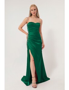 Lafaba női smaragdzöld pánt nélküli hosszú szatén estélyi ruha