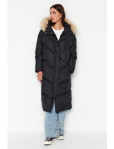 Trendyol Black Oversize Fur kapucnis vízlepergető puffer kabát