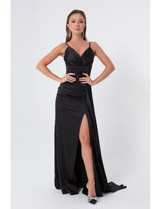 Lafaba női fekete strapabíró hosszú szatén estélyi ruha és ballagási ruha