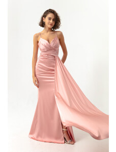 Lafaba női rózsaszín pánt nélküli hosszú szatén estélyi ruha és ballagási ruha