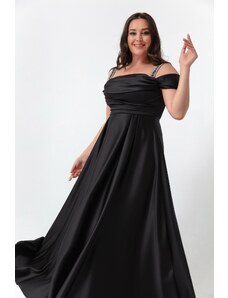 Lafaba női fekete kőpántos draped plus size hosszú estélyi ruha