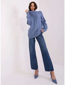 Fashionhunters Light blue sweater with cables and turtleneck