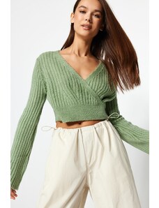 Trendyol Mint Crop puha textúrájú dupla mellű kötöttáru pulóver