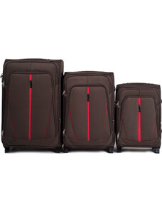 Barna 3 darabos bőröndkészlet piros csíkkal 1706(2), Sets of 3 suitcases Wings 2 wheels L,M,S, Coffee