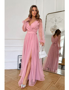 Régi rózsaszín hosszú ujjú alkalmi ruha tüll szoknyával