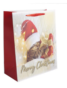 Egyéb Karácsonyi ajándéktáska 23x18x10cm, közepes, glitteres, cica ajándékkal, Merry Christmas felirattal