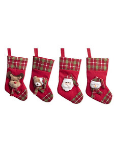 Karácsonyi zokni 25 cm textil akasztós piros kockás 4 féle mintával