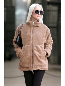Madmext Beige High Collar Pocketed Plush Coat