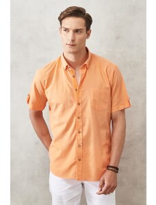 AC&Co / Altınyıldız Classics Men's Orange Comfort Fit Button-down Collar Linen Look 100% Cotton Short Sleeve Shirt.