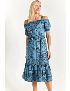 armonika Women's Ice Blue Patterned Elastic Waist Strap Dress
