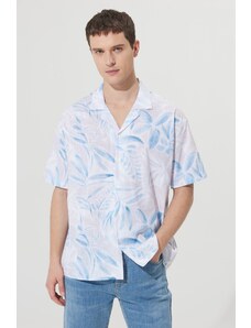 AC&Co / Altınyıldız Classics Men's Beige-Navy Blue Oversized Loose Cut Cuban Collar 100% Cotton Printed Short Sleeve Shirt.
