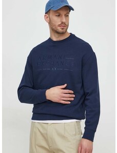 Armani Exchange vászonkeverék pulóver sötétkék, nyomott mintás