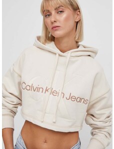 Calvin Klein Jeans pamut melegítőfelső bézs, női, nyomott mintás, kapucnis